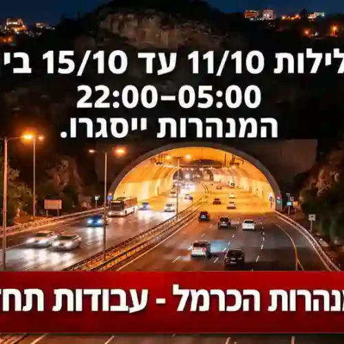 מנהרות הכרמל ייסגרו לתנועה בשעות הלילה למשך ארבעה ימים